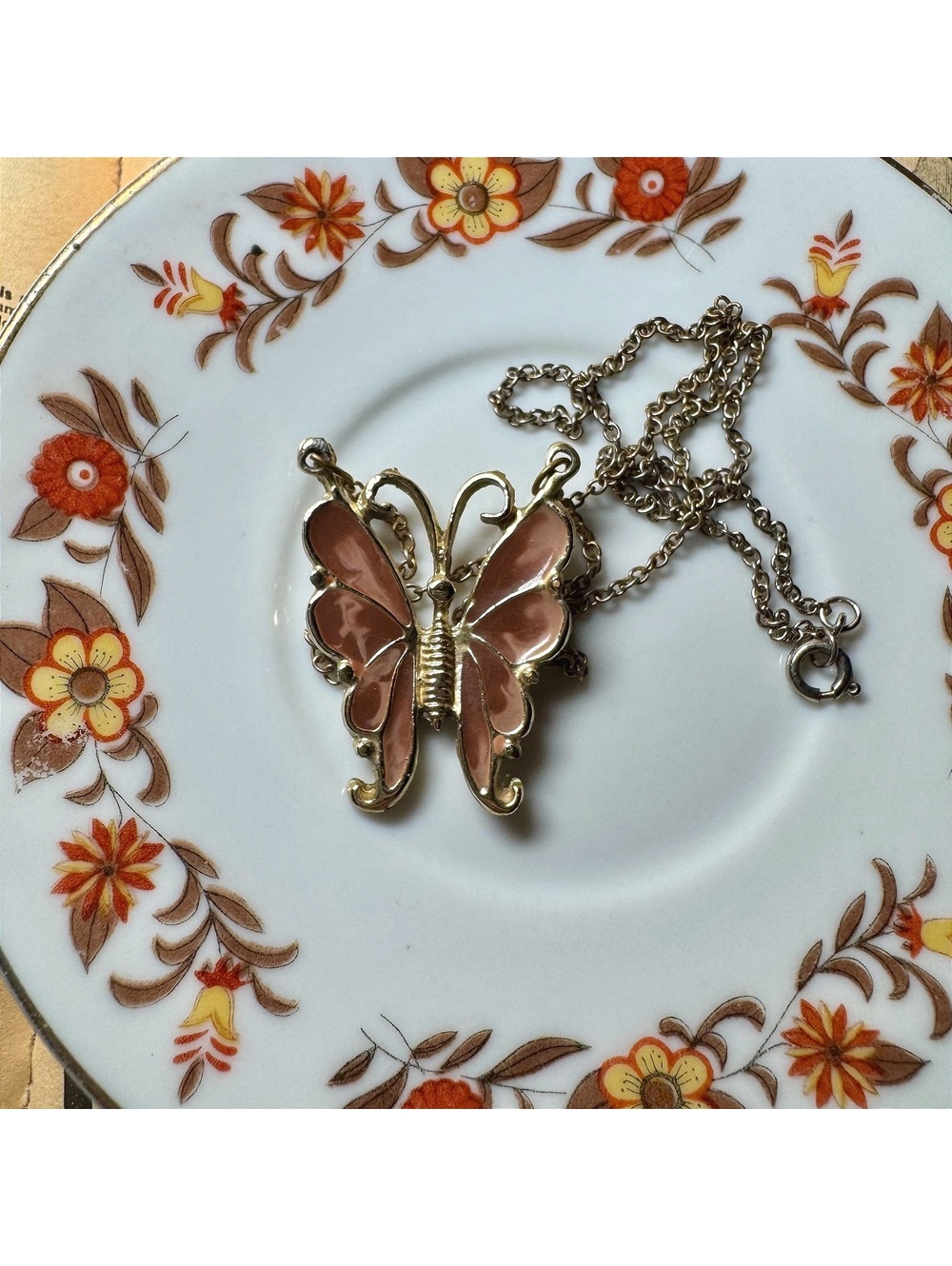 Vintage Butterfly Pendant Necklace with Pink Enamel and Gold Tone Chain
